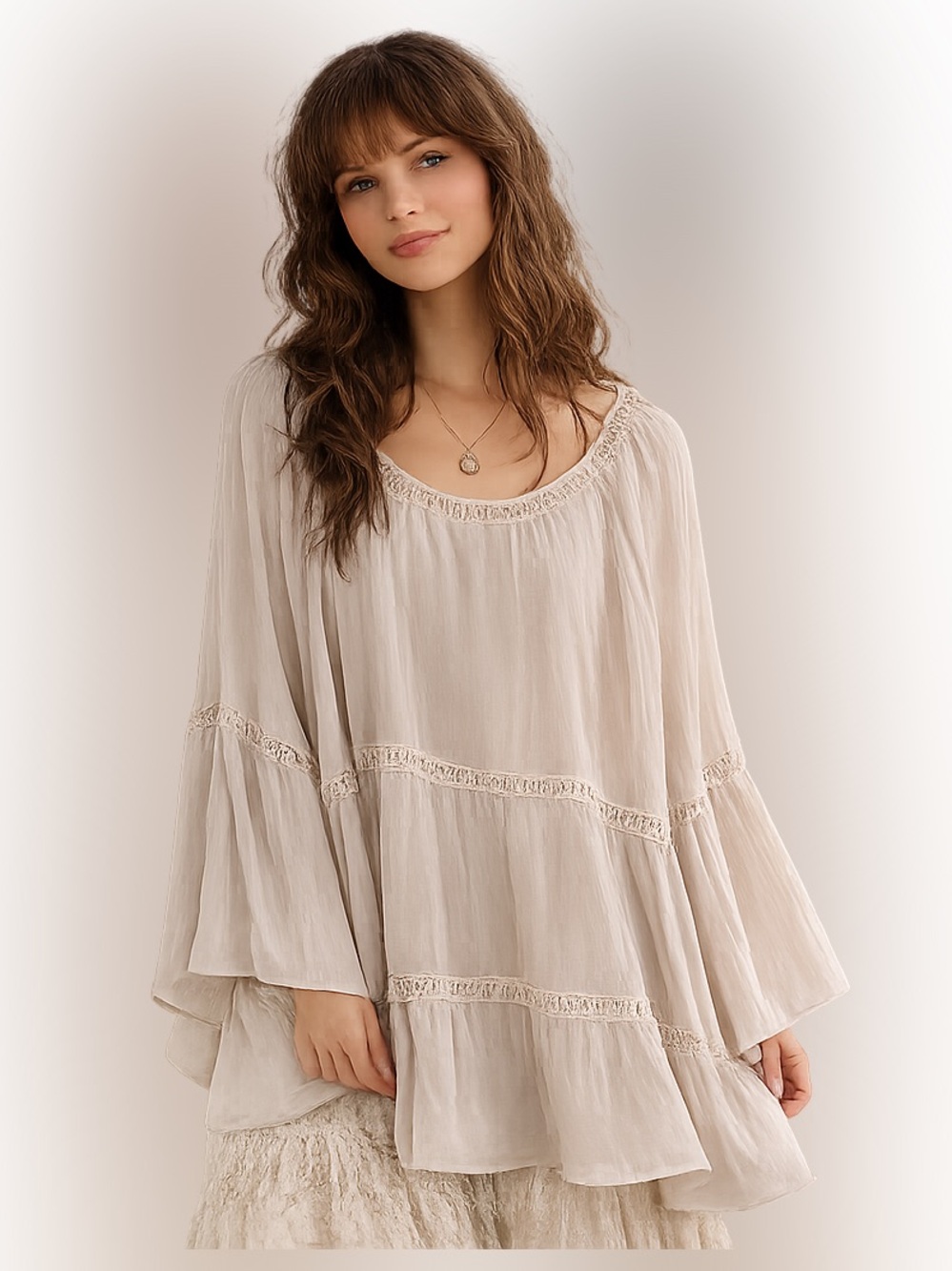 Cream Boho Crochet-Trim Peasant Tunic Ruffled Bell Sleeves Top XL